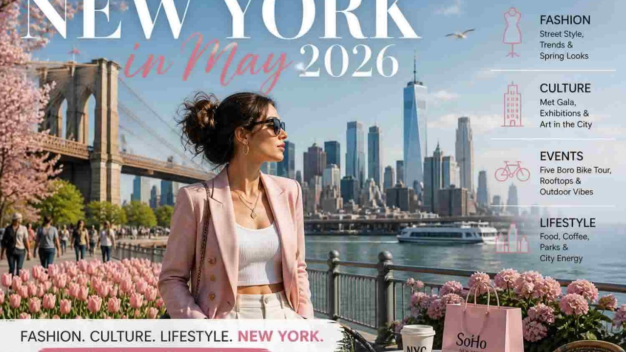Stylish woman in New York City during spring May 2026 with Brooklyn Bridge and Manhattan skyline, representing fashion, culture and lifestyle trends