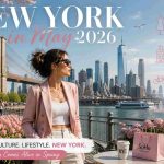 Stylish woman in New York City during spring May 2026 with Brooklyn Bridge and Manhattan skyline, representing fashion, culture and lifestyle trends