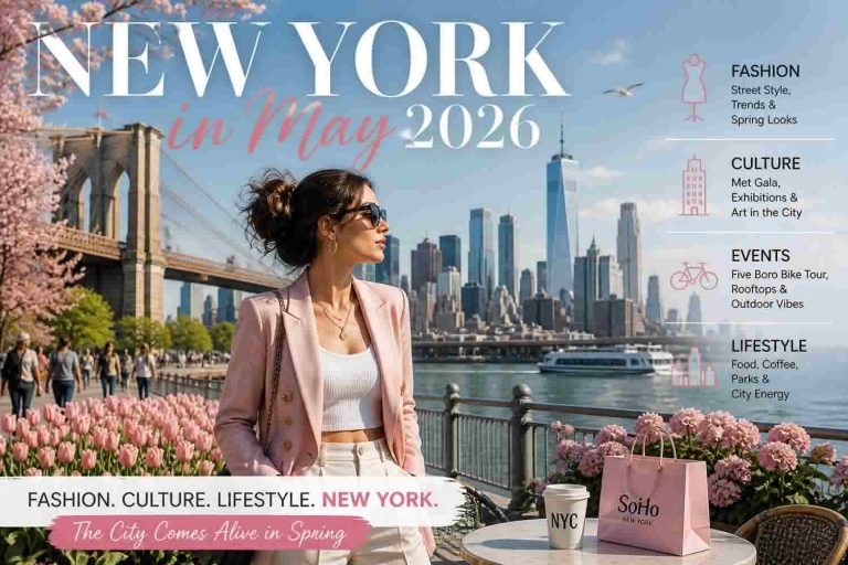 Stylish woman in New York City during spring May 2026 with Brooklyn Bridge and Manhattan skyline, representing fashion, culture and lifestyle trends